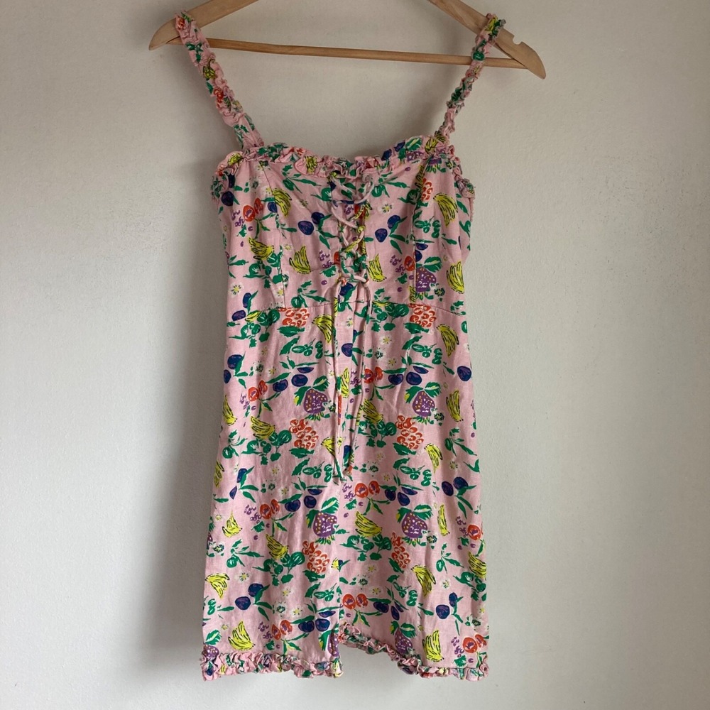 Urban Outfitters Pink Fruit Print Lace Up Cotton Mini Dress Small SP Bananas